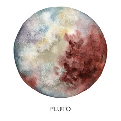 Watercolor abstract Pluto planet. Hand painted satellite isolated on white background. Minimalistic space illustration for design, print, fabric or background.
