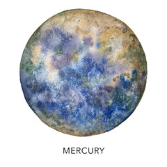 Watercolor abstract Mercury planet. Hand painted satellite isolated on white background. Minimalistic space illustration for design, print, fabric or background.