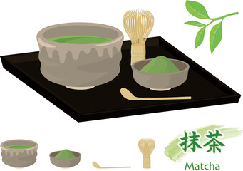 Vector illustration set of matcha and utensils. (Matcha powder, leaves, matcha bowl, etc.)