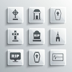 Set Coffin with cross, Beat dead monitor, Church building, Tombstone RIP written, Speech bubble rip death, Grave, and icon. Vector