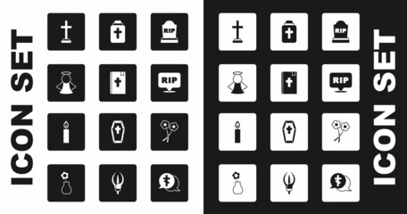 Set Tombstone with RIP written, Holy bible book, Angel, Grave cross, Speech bubble rip death, Funeral urn, Flower and Burning candle icon. Vector