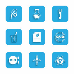 Set Eco paper with leaf, Wind turbine, Biohazard symbol, No GMO, healthy food, Laboratory glassware or beaker, Test tube and flask and Leaf leaves icon. Vector