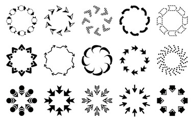 Set of decorative arrow borders. Frames of arrows in a circle. Arrows pointing in and out of the circle. Circle pattern. Vector arrows of different shapes.