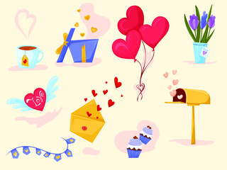Valentine's day elements set. Gift, heart, balloon, sweets, letter, flower, love message, and others for decorative. Sticker cartoon style. Vector illustration