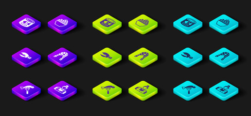 Set Served fish on a plate, Fisherman, Lobster or crab claw, steak, Caviar and Canned icon. Vector