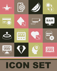 Set Online slot machine with jackpot, Lottery ball on bingo card, Alcohol bar location, Casino watermelon, Game dice, Credit, Joker playing and Security camera icon. Vector