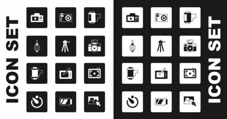 Set Camera roll cartridge, Tripod, Dust blower, Photo camera, with flash, and icon. Vector