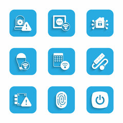 Set Air humidifier, Fingerprint, Smart home, Electric extension cord, House under protection, light bulb, and Ringing alarm bell icon. Vector