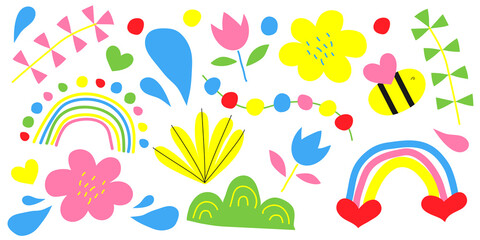 Abstract simple element: flower, rainbow, heart, bee. Funky vector Set. Floral design. Native art. Infantile style art. Colorful trendy illustration.