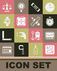 Set Route location, Measuring instrument, Stopwatch, Construction bubble level, Area measurement, Smart, Scales of justice and Crossed ruler and pencil icon. Vector