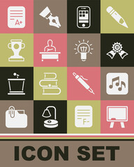 Set Chalkboard, Music note, tone, Medal, Smartphone, Schoolboy sitting at desk, Award cup, Exam sheet with plus grade and Light bulb icon. Vector