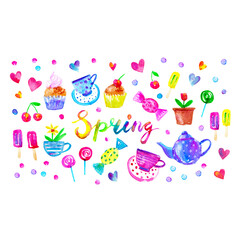 Sweet food background with hearts, teapot, cup, cake, candy, popsicles