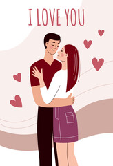 Greeting card for valentine's day. Loving couple in flat cartoon style. Vector illustration. Beautiful man and woman in an embrace on a date