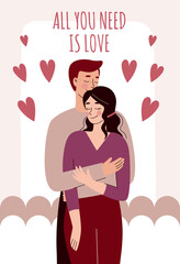Greeting card for valentine's day. Loving couple in flat cartoon style. Vector illustration. Beautiful man and woman in an embrace on a date