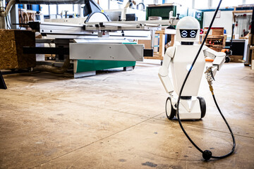 A robot works fully automatically in a carpentry workshop