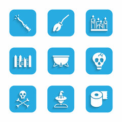 Set Halloween witch cauldron, Witch, Toilet paper roll, Skull, crossbones, Garden fence wooden, Burning candle and Magic wand icon. Vector