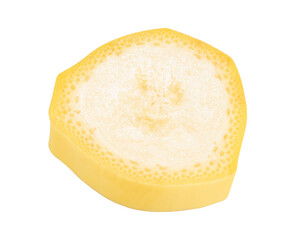 single banana slice isolated on white. the entire image is sharpness, macro