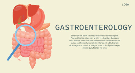 Gastroenterology. Stomach, liver, gallbladder and intestines. Health care concept. Landing page template on soft background. Trend flat vector illustration. 