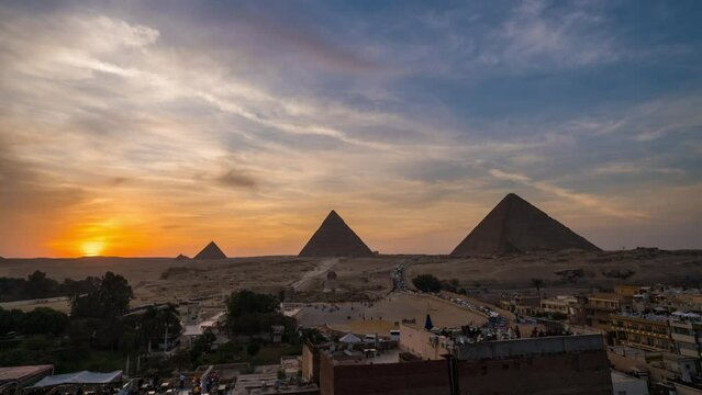 Timelapse of sunset view of Pyramid complex of Giza, in Cairo, Egypt.