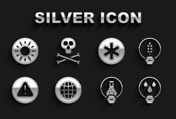 Set Social network, Gluten free grain, Water drop forbidden, Test tube and flask, Exclamation mark triangle, Medical symbol of the Emergency, Sun and Bones skull warning icon. Vector