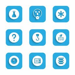 Set Industrial hook, Microwave oven, Bowl, Leaf Eco symbol, Clock, Unknown search, Medical of the Emergency and Test tube and flask icon. Vector