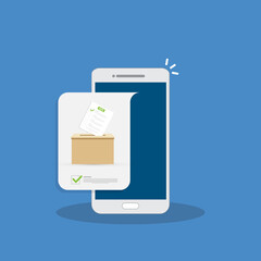 Mobile phone with voting ballot in ballot box. Voting online, e-voting, election internet system. Flat design. Vector illustration	