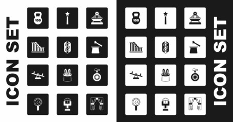Set Boat swing, Hotdog sandwich, Roller coaster, Weight, Magic hat wand, Unicycle or one wheel bicycle and Seesaw icon. Vector