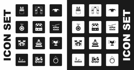 Set Jester hat with bells, Ticket box office, Unicycle or one wheel bicycle, Magician and rabbit ears, Drum drum sticks, Circus curtain raises, Swing plane and Castle icon. Vector © Kostiantyn