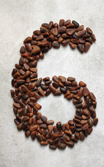 number six consists of large brown pine nuts on a background of gray marble created from natural...