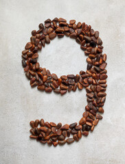 number nine consists of large brown pine nuts on a background of gray marble created from natural...
