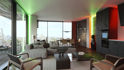 Mmodern kitchen living room design. 3D render. Interior visualization. Illustration.

