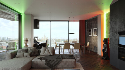 Mmodern kitchen living room design. 3D render. Interior visualization. Illustration.
