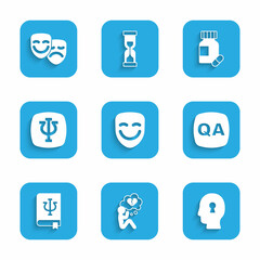 Set Comedy theatrical mask, Broken heart or divorce, Solution to problem, Question and Answer, Psychology book, Psi, Psychology,, Sedative pills and tragedy masks icon. Vector