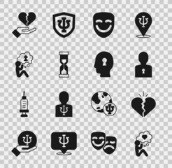 Set Head with heart, Broken or divorce, Solution to the problem, Comedy theatrical mask, Old hourglass, Man graves funeral sorrow, and icon. Vector