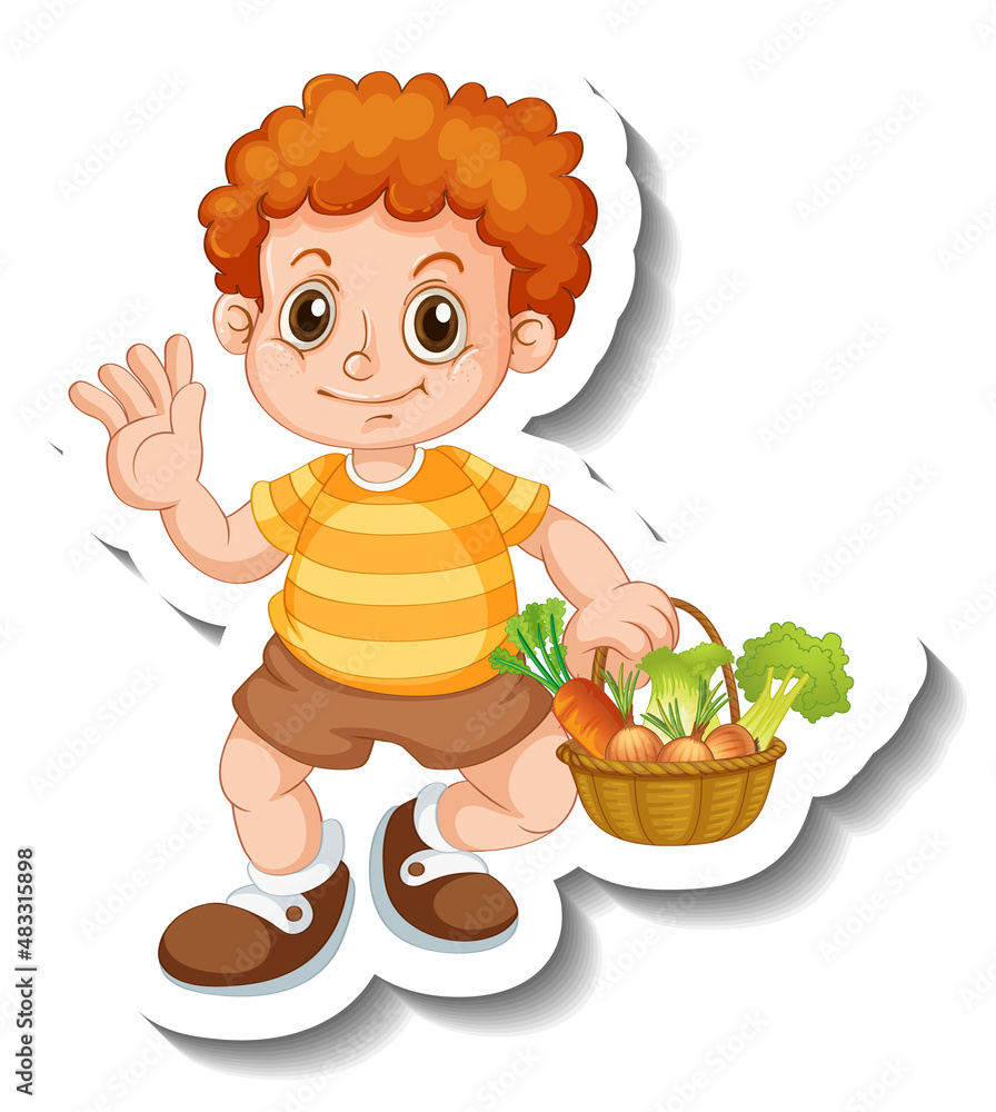 Canvas Prints sticker template with a boy holding vegetabls basket isolated