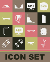 Set Tool allen keys, Knee pads, Grip tape on skateboard, Skateboard, helmet, park and icon. Vector