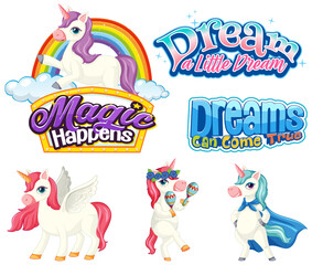 Set of fairy tale unicorn cartoon characters