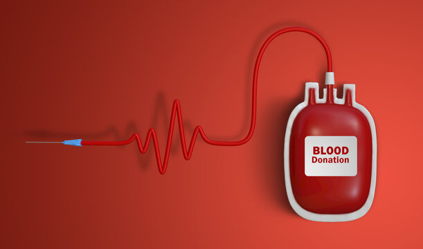 3D rendering image of  blood transfusion bag with with vital signs shaped tube on red background