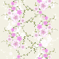 Blossoming branches of Japanese cherry on grey background in a random arrangement square format suitable for textile. Pink Sakura floral texture, EPS 10 vector