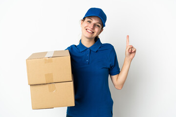 Young delivery woman isolated on white background showing and lifting a finger in sign of the best