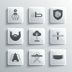 Set Electric circular saw, Two-handed, Metallic nail, Tree, Christmas tree, Mustache beard, Grapple crane grabbed log and Wooden logs icon. Vector