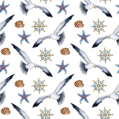Watercolor illustration pattern seagull, helm, shell and starfish. Seamless repeating print of stylized seagulls. Sea life, flying birds. Isolated on white background.