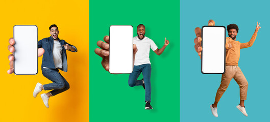 Overjoyed multiracial young guys jumping up in air, showing smartphones with mockup, banner design. Collage