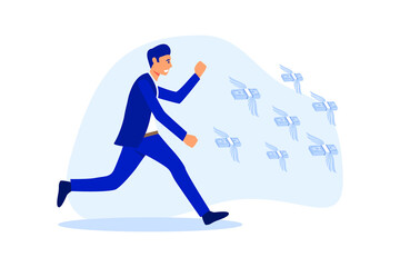 businessman chasing money, Businessman catches moneys. The concept of the desire for wealth. flat Vector illustration, man chasing money, runs after flying dollar bills