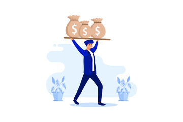 Leverage financial growth, Money bag, Gold coin, joyful businessman with bags of money. vector illustration 