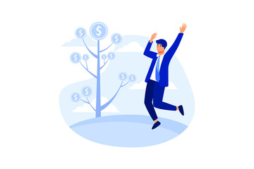 The glad businessman is standing under the tree of money. flat vector illustration 