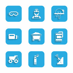 Set Mine coal trolley, Dynamite, Shovel and stone, Mining dump truck, Flashlight, Miner helmet and Safety goggle glasses icon. Vector