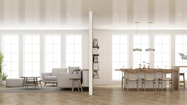 build up Interior in vintage minimalist style in the living dining  bedroom. using wood material and light gray cloth on parquet floor and arched walkways with large windows 3d render animation looped