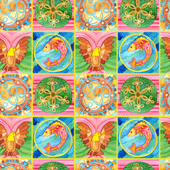 Watercolor seamless pattern of colorful tiles, natural motives. Square mosaic illustration for home decoration, fabric or packaging.