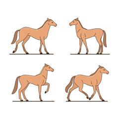 Cartoon horse. Animal in various poses. Contour vector illustration for emblem, badge, insignia, postcard.